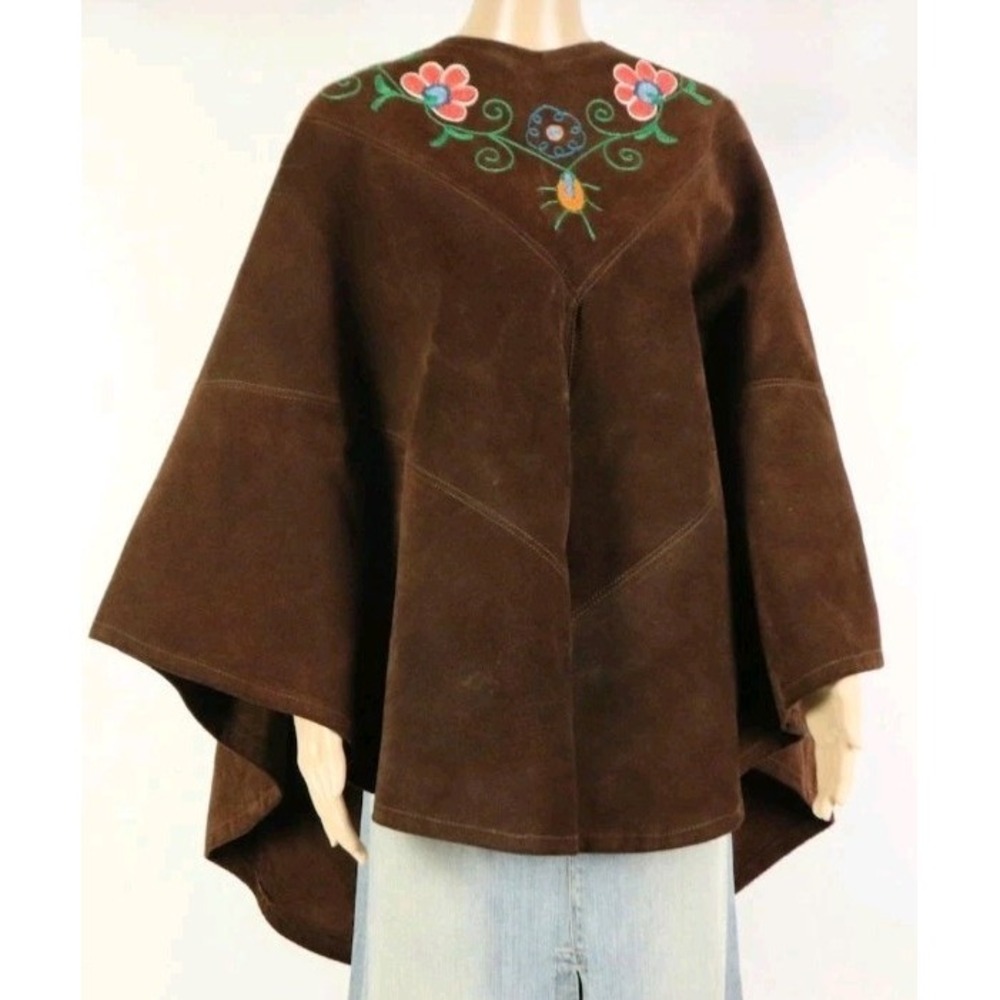 Vintage Hippie Brown Suede Leather Embroidered Floral Poncho Made In Canada M